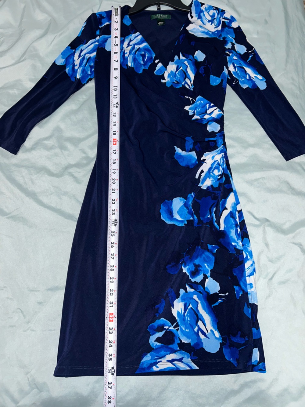 Lauren Ralph Lauren Navy Floral Faux-Wrap Dress with Blue Roses - Picture 6 of 8